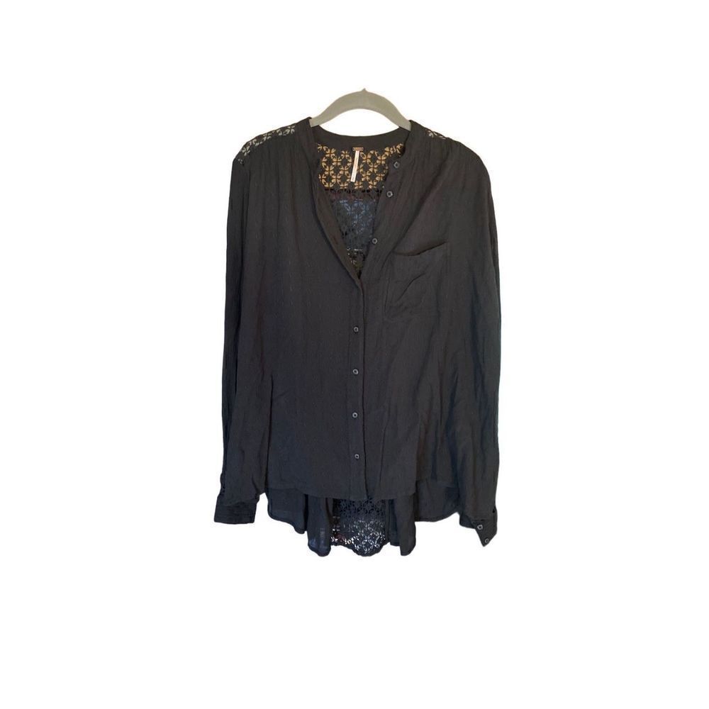 Free people, long sleeve, crocheted, black button up peasant blouse, s/small